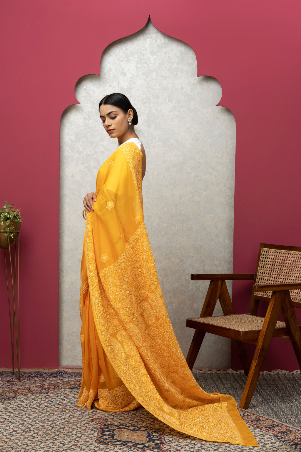 Orange Chanderi Silk Saree with Blouse – Handcrafted Chikankari Elegance