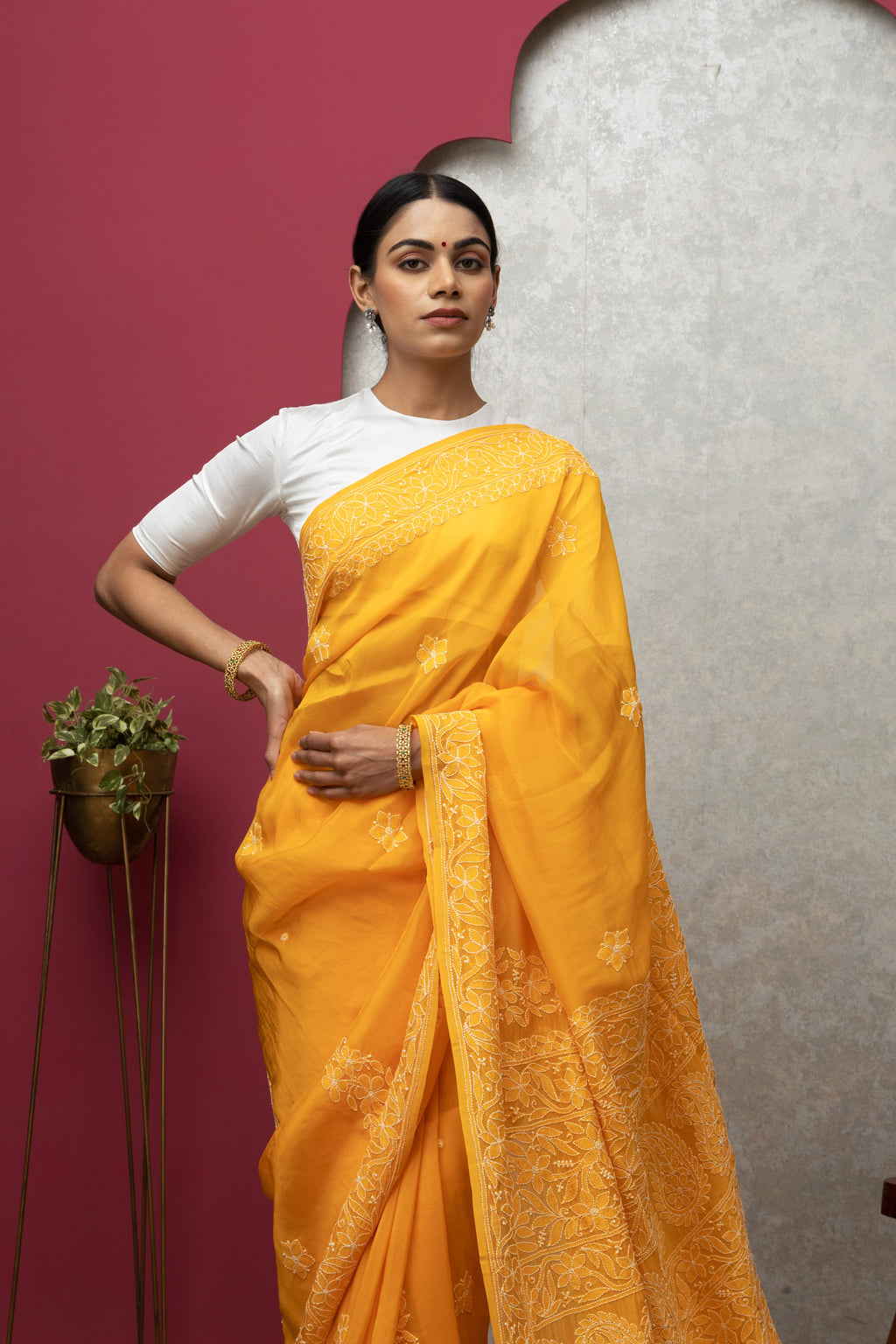 Orange Chanderi Silk Saree with Blouse – Handcrafted Chikankari Elegance