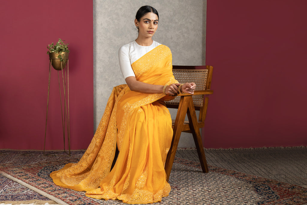 Orange Chanderi Silk Saree with Blouse – Handcrafted Chikankari Elegance