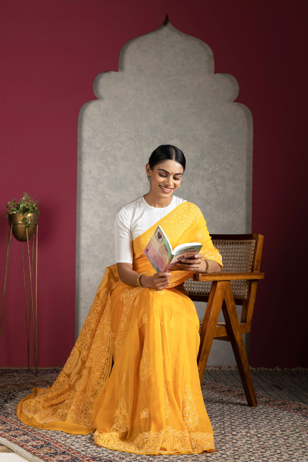 Orange Chanderi Silk Saree with Blouse – Handcrafted Chikankari Elegance