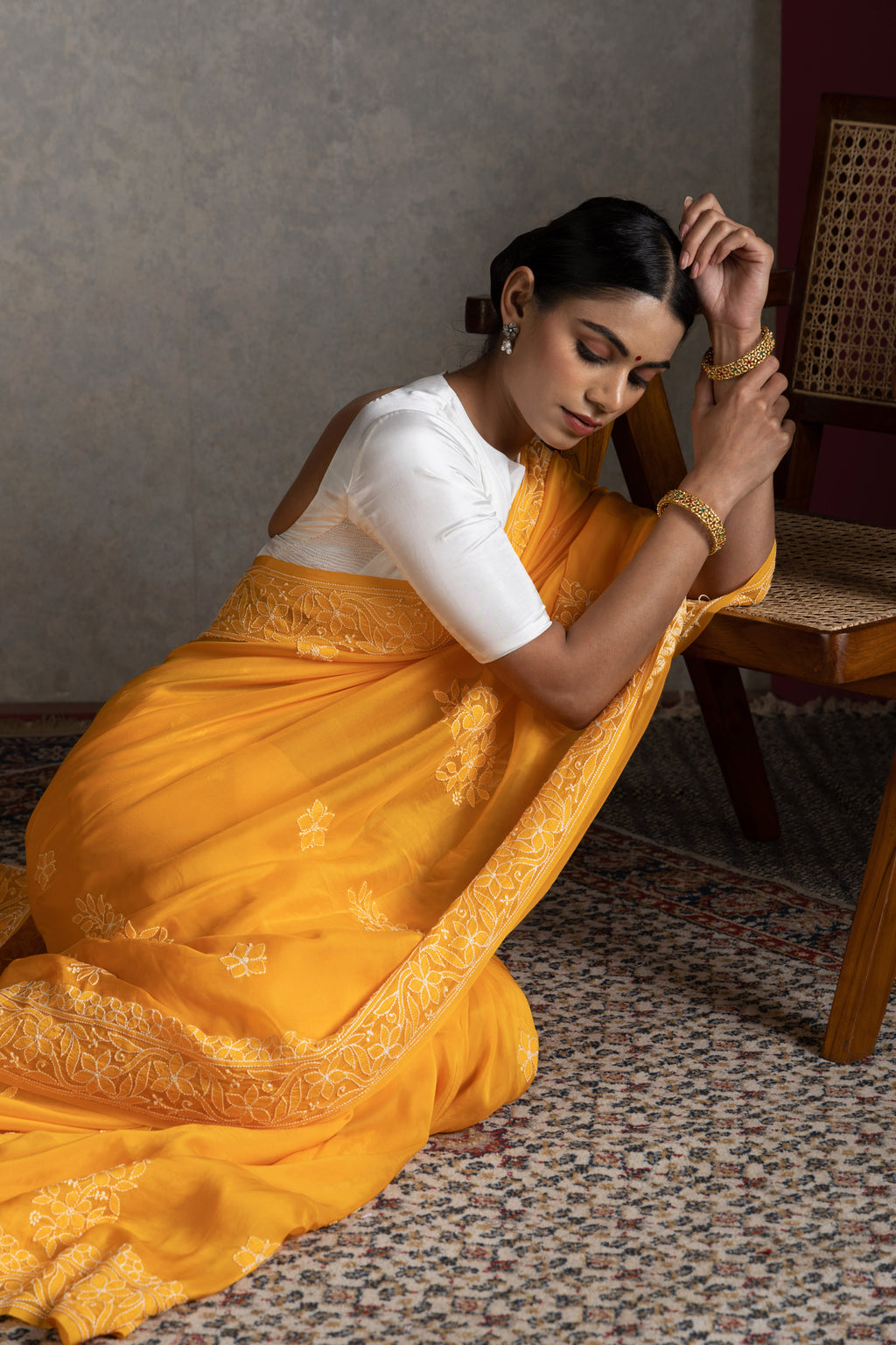 Orange Chanderi Silk Saree with Blouse – Handcrafted Chikankari Elegance