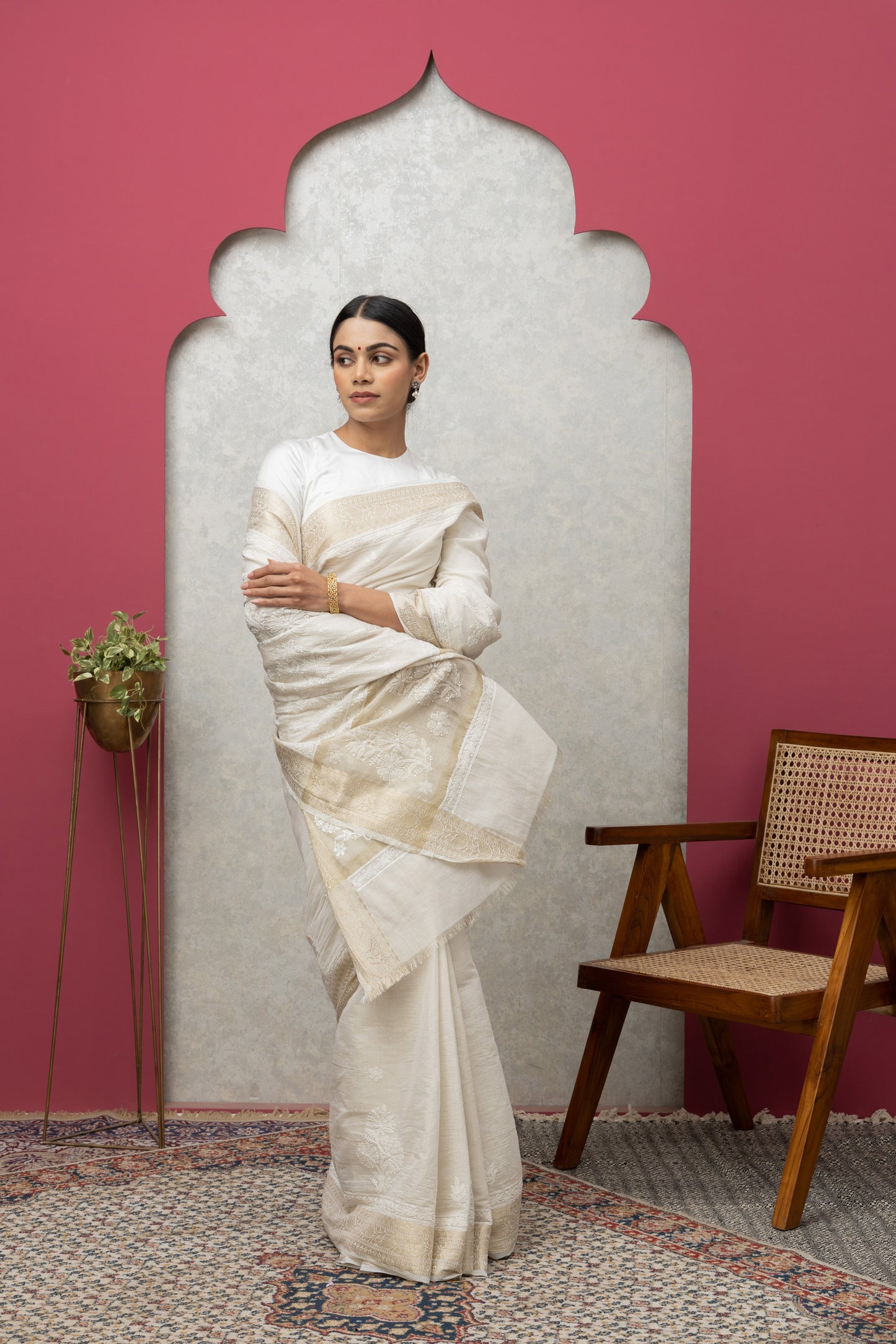 tissueBeige sareewithblouse+golden border+chikankari