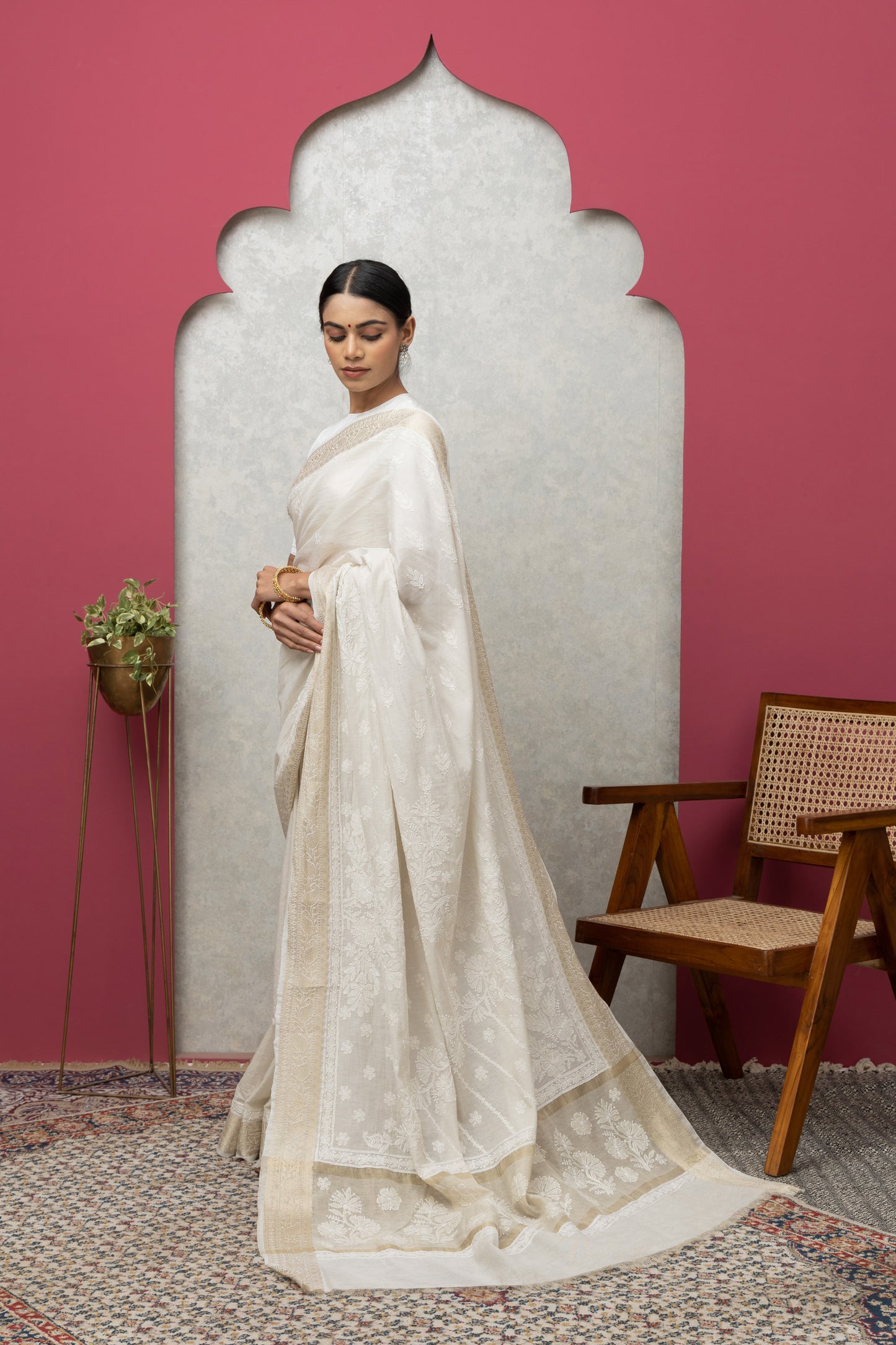 tissueBeige sareewithblouse+golden border+chikankari