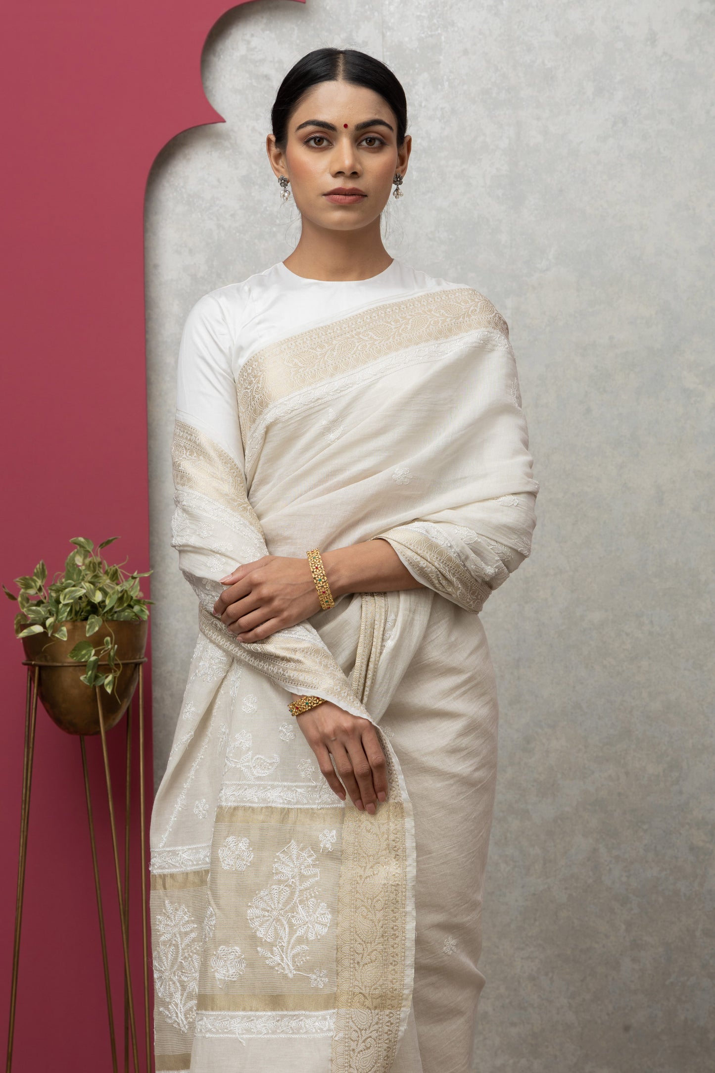 tissueBeige sareewithblouse+golden border+chikankari