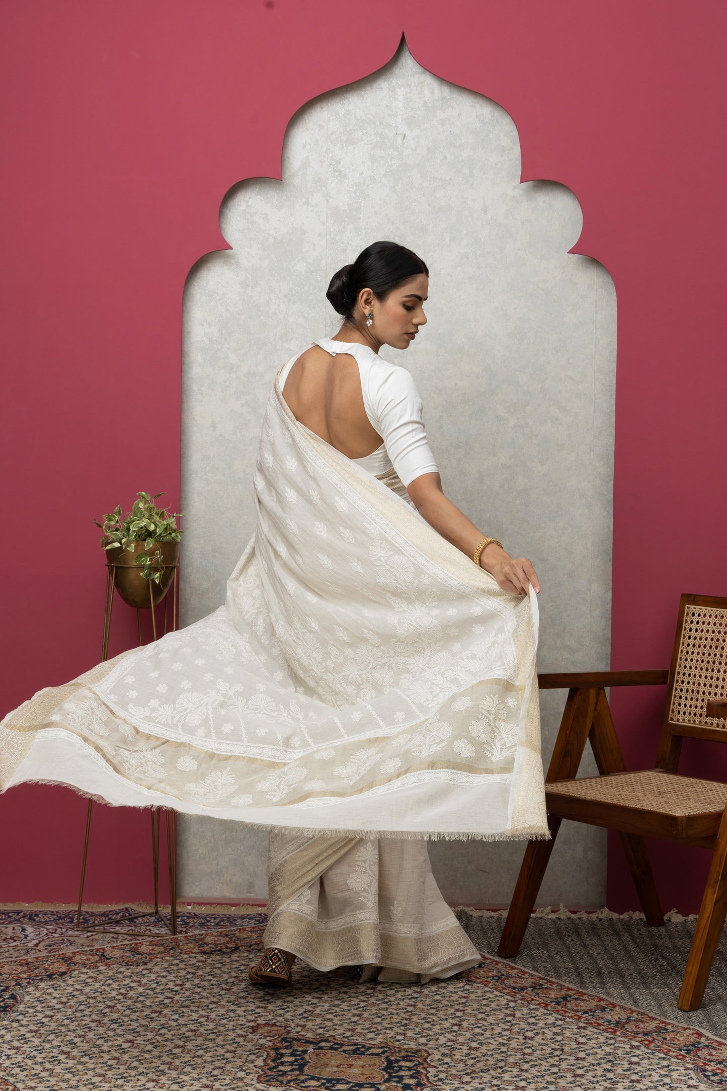 tissueBeige sareewithblouse+golden border+chikankari