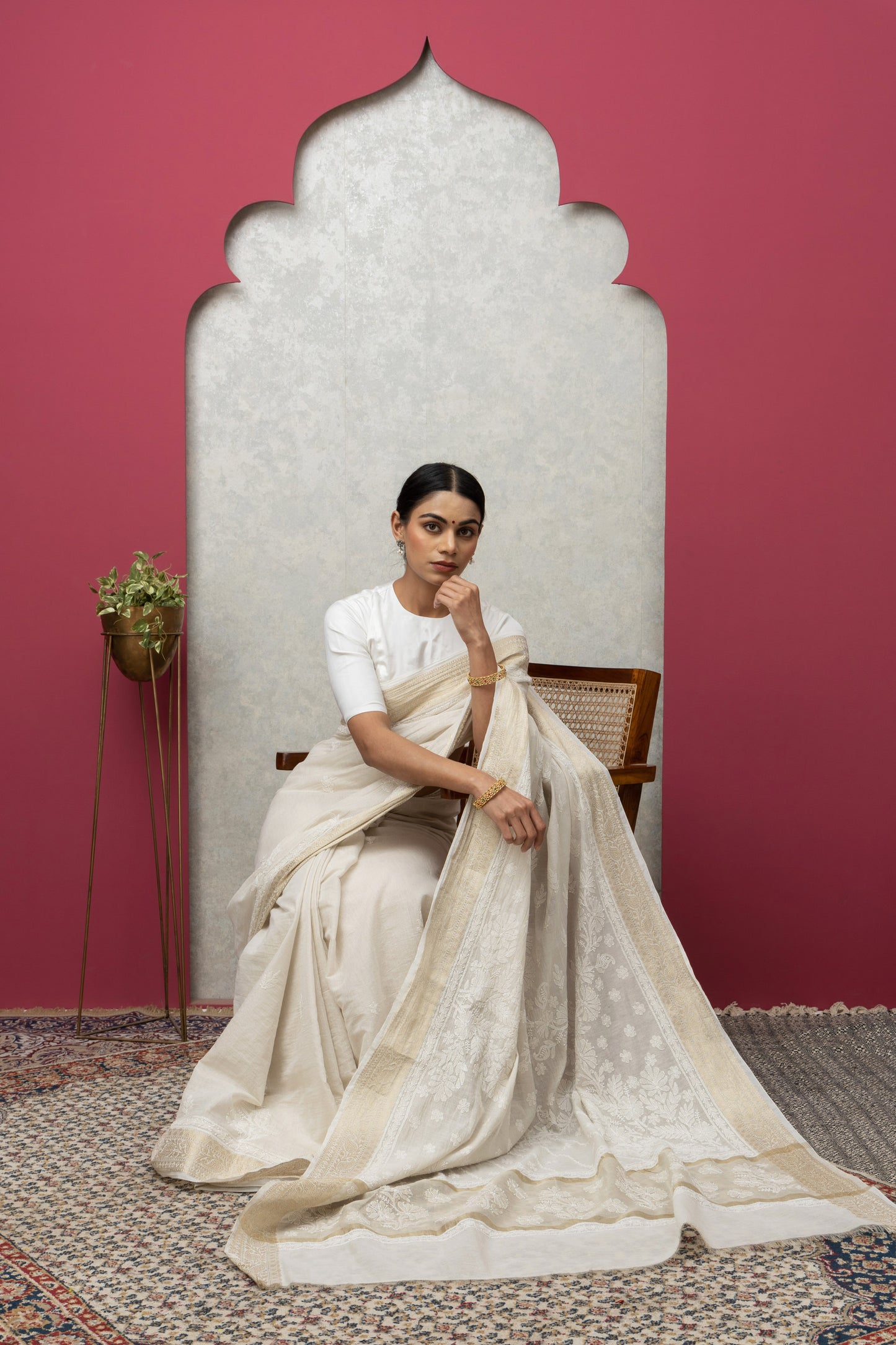 tissueBeige sareewithblouse+golden border+chikankari