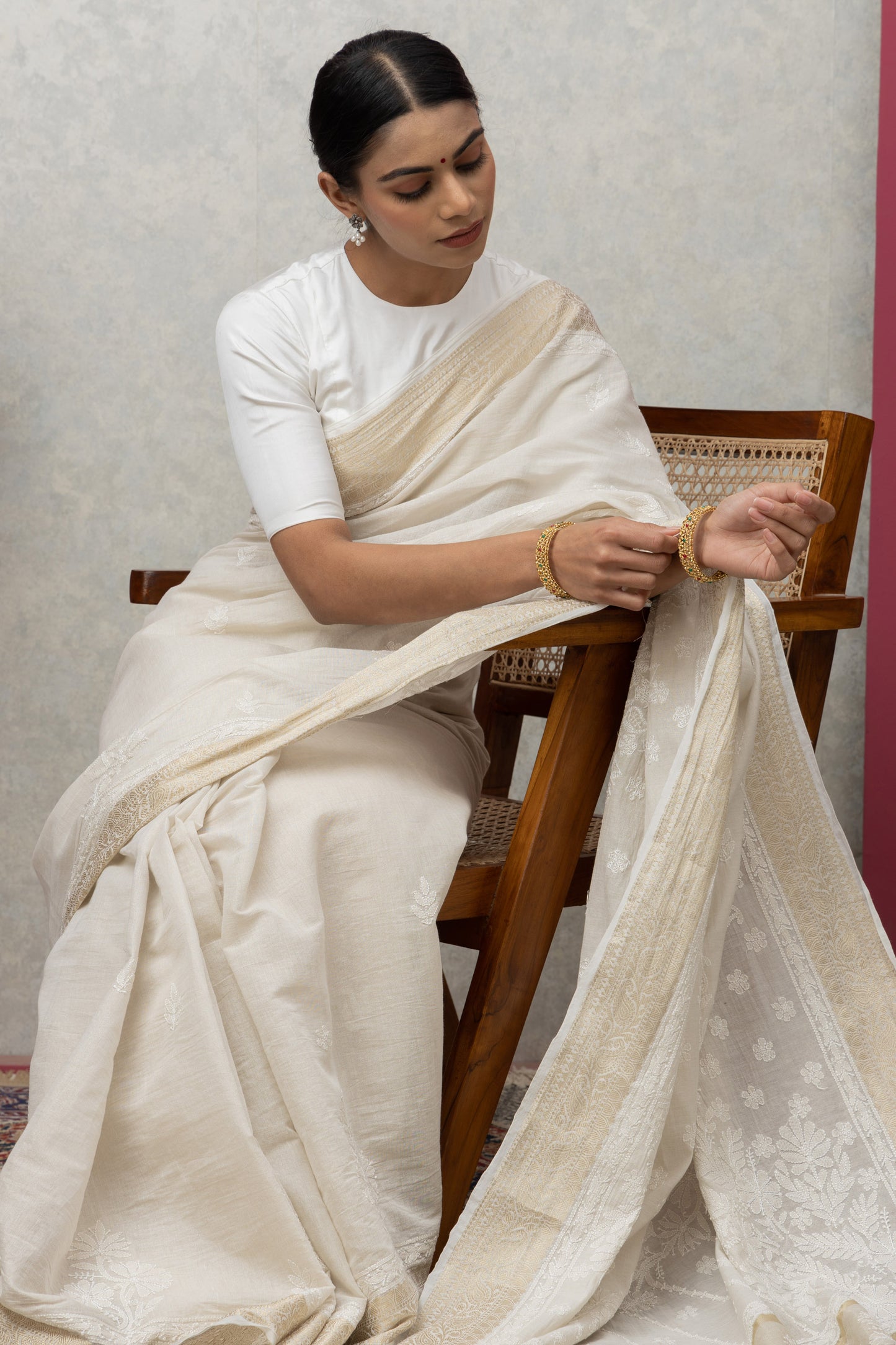 tissueBeige sareewithblouse+golden border+chikankari