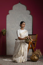 Beige Tissue Saree with Golden Border & Chikankari – Elegant Festive Grace