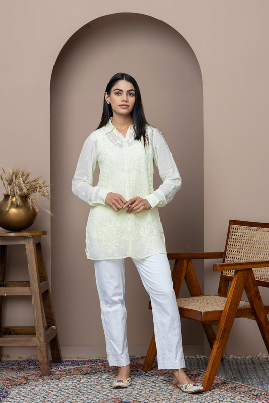 Yellow-Light Georgette Shirt with Delicate Mukaish Embroidery
