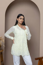 Yellow-Light Georgette Shirt with Delicate Mukaish Embroidery