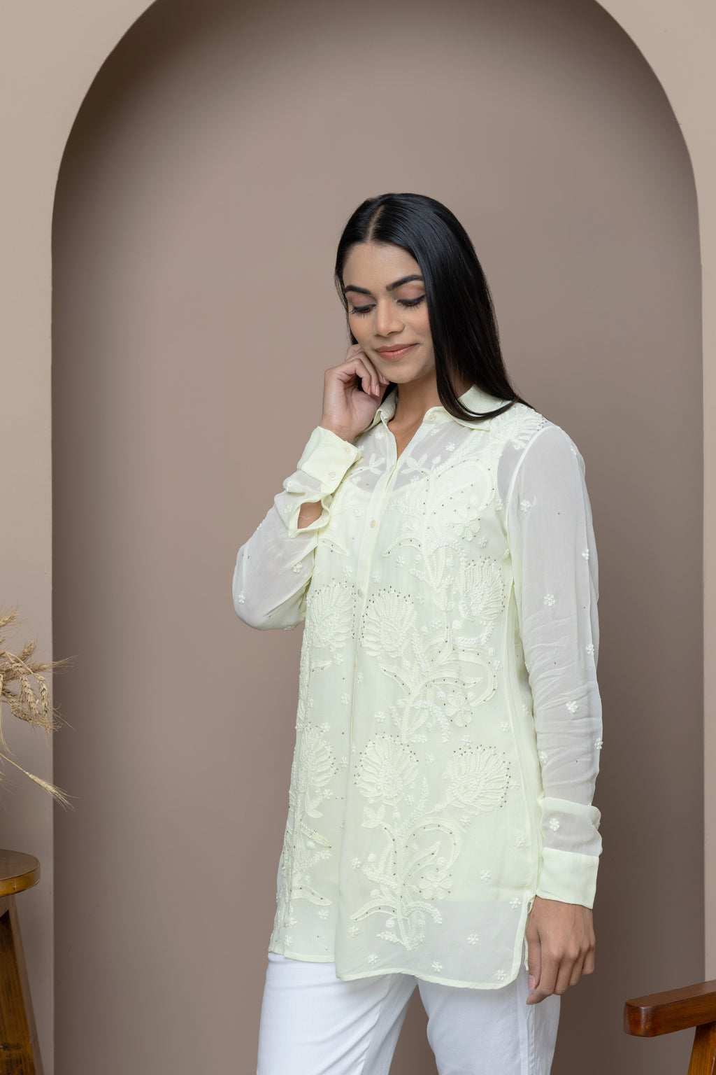 Yellow-Light Georgette Shirt with Delicate Mukaish Embroidery