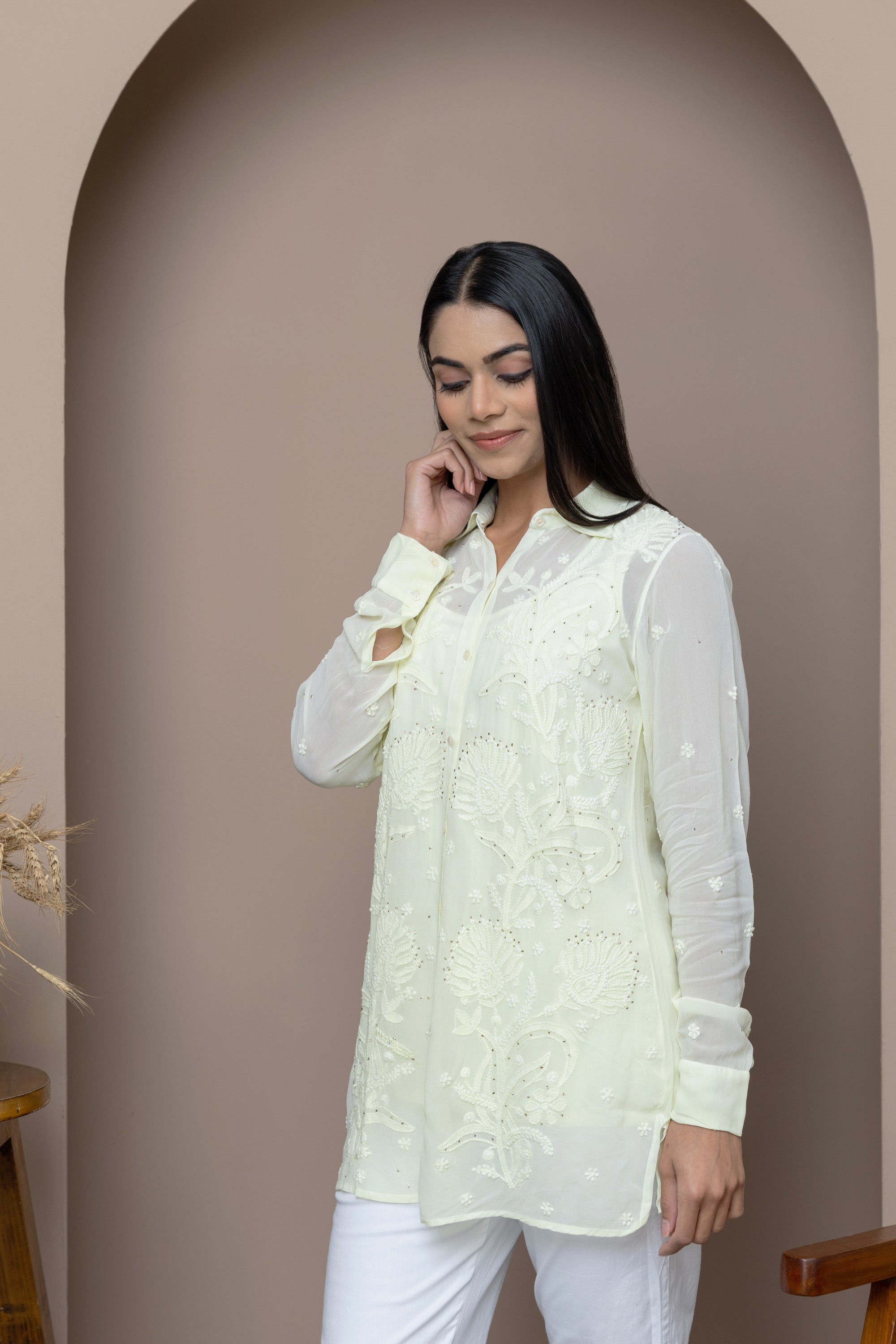 Yellow-Light Georgette Shirt with Delicate Mukaish Embroidery