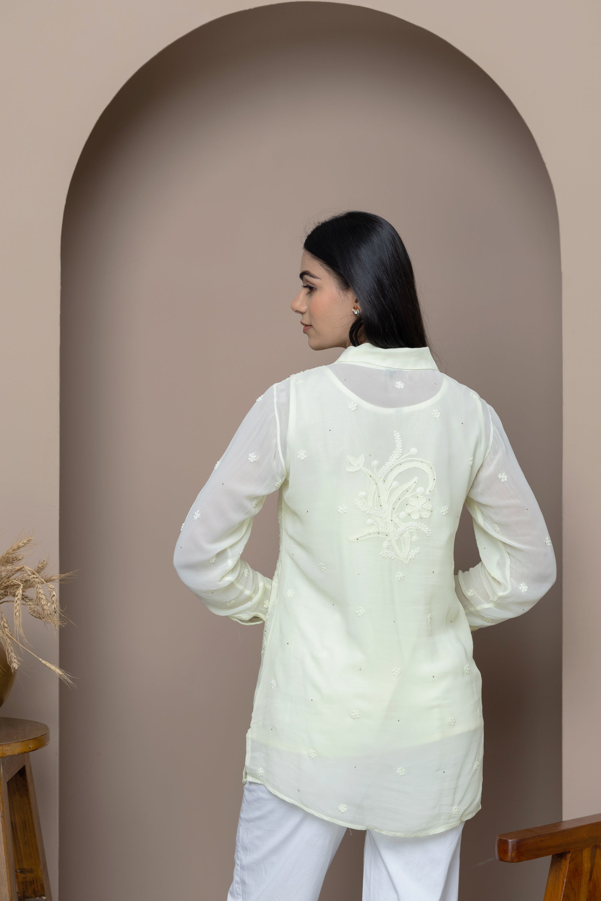 Yellow-Light Georgette Shirt with Delicate Mukaish Embroidery