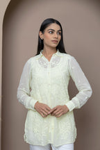 Yellow-Light Georgette Shirt with Delicate Mukaish Embroidery