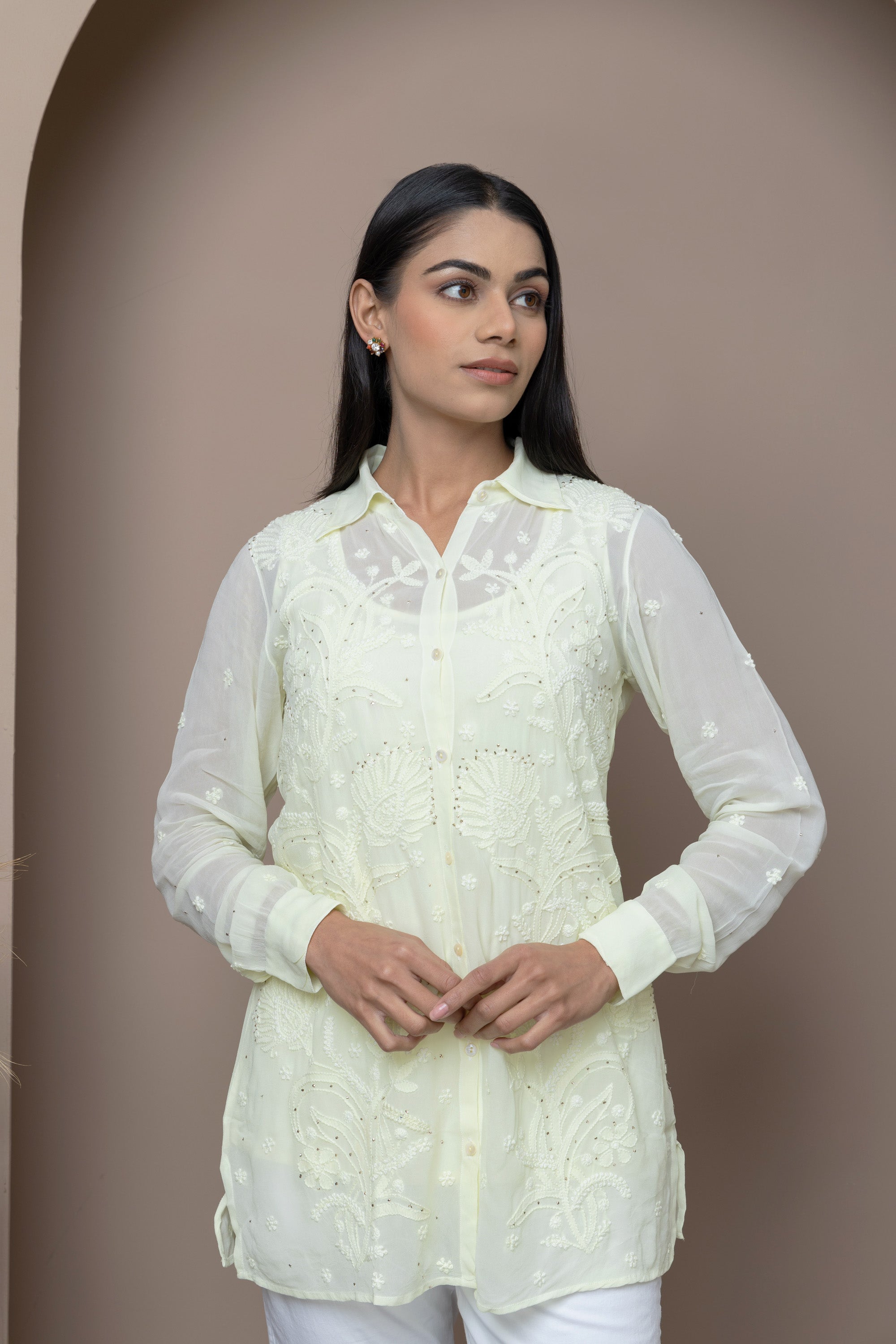 Yellow-Light Georgette Shirt with Delicate Mukaish Embroidery