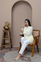 Yellow-Light Georgette Shirt with Delicate Mukaish Embroidery