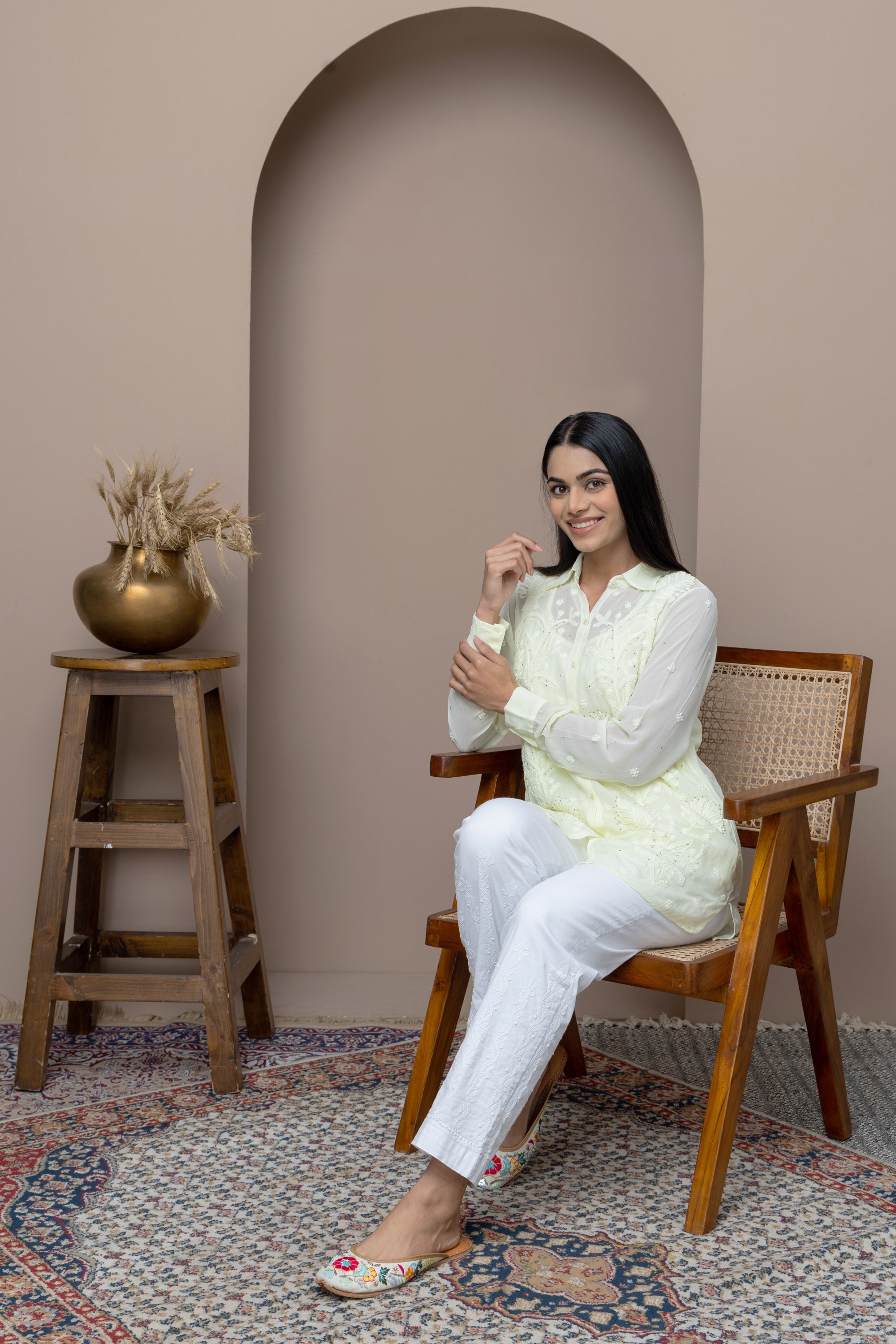 Yellow-Light Georgette Shirt with Delicate Mukaish Embroidery