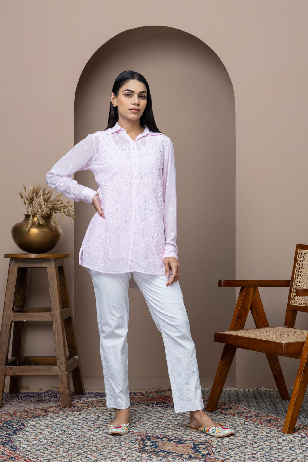 Pink  Georgette Shirt with Mukaish Work – Elegant & Lightweight
