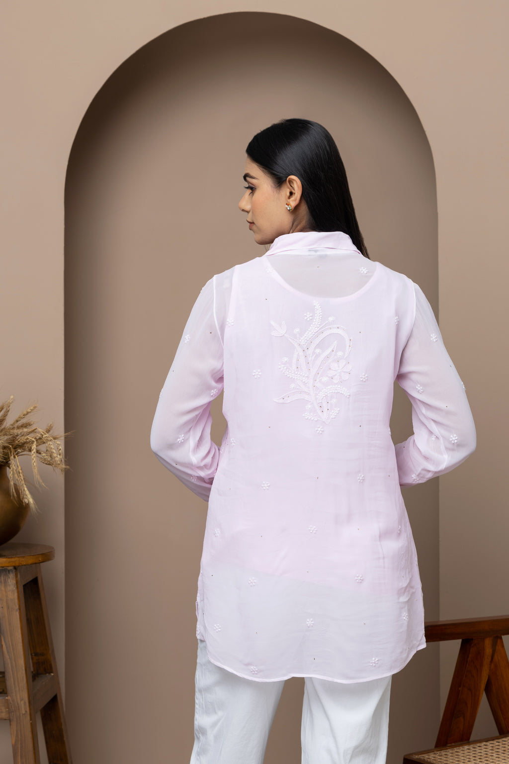 Pink  Georgette Shirt with Mukaish Work – Elegant & Lightweight