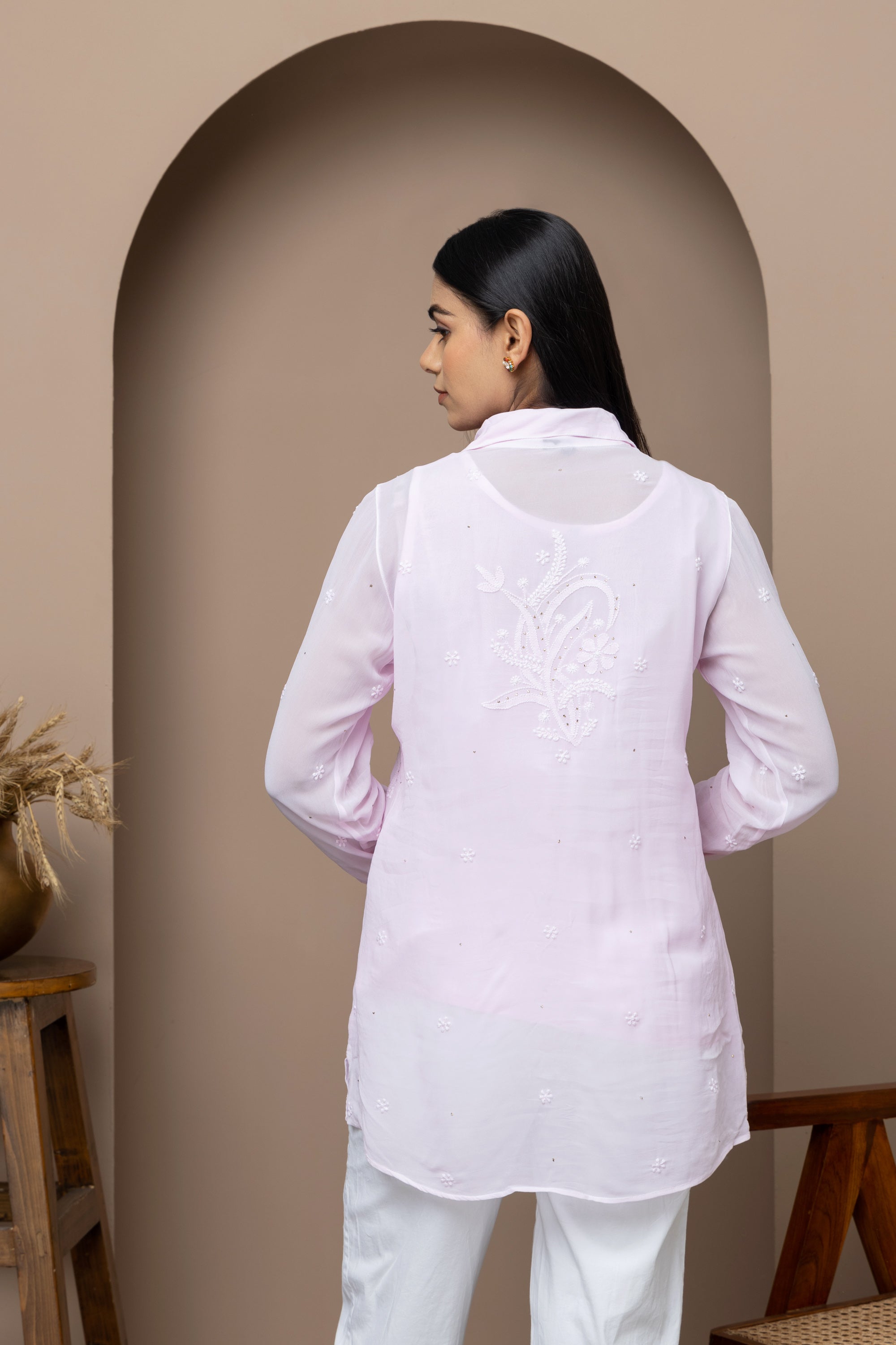 Pastel Pink Chikankari Georgette Shirt