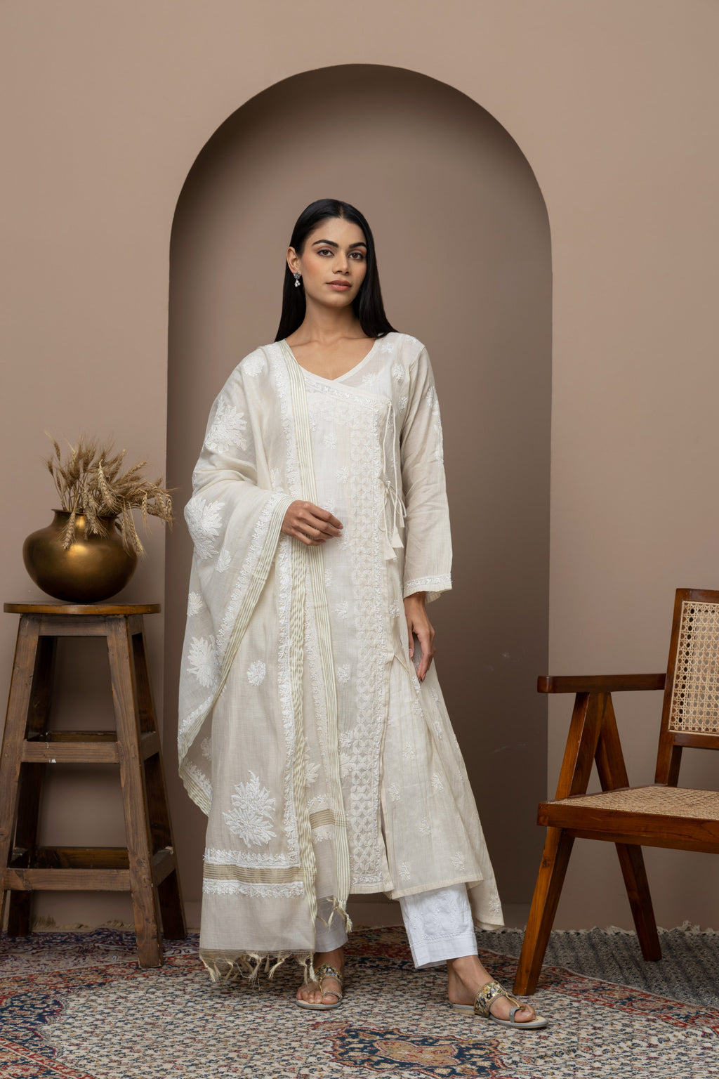 Tussar Silk Embroidered Anarkali Suit Set with Intricate Chikankari & Lace Details