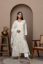 Tussar Silk Embroidered Anarkali Suit Set with Intricate Chikankari & Lace Details