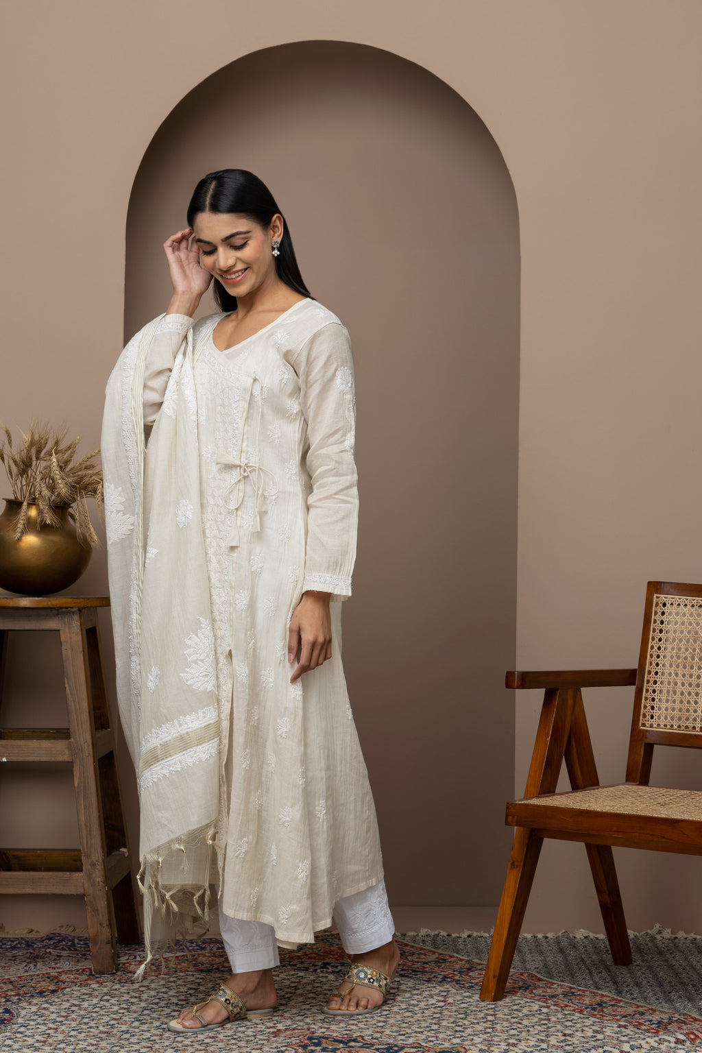 Tussar Silk Embroidered Anarkali Suit Set with Intricate Chikankari & Lace Details
