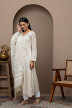 Tussar Silk Embroidered Anarkali Suit Set with Intricate Chikankari & Lace Details