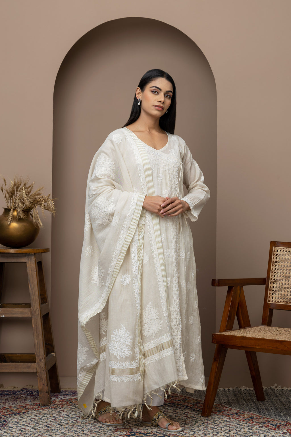 Tussar Silk Embroidered Anarkali Suit Set with Intricate Chikankari & Lace Details