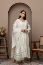 Tussar Silk Embroidered Anarkali Suit Set with Intricate Chikankari & Lace Details