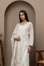 Tussar Silk Embroidered Anarkali Suit Set with Intricate Chikankari & Lace Details