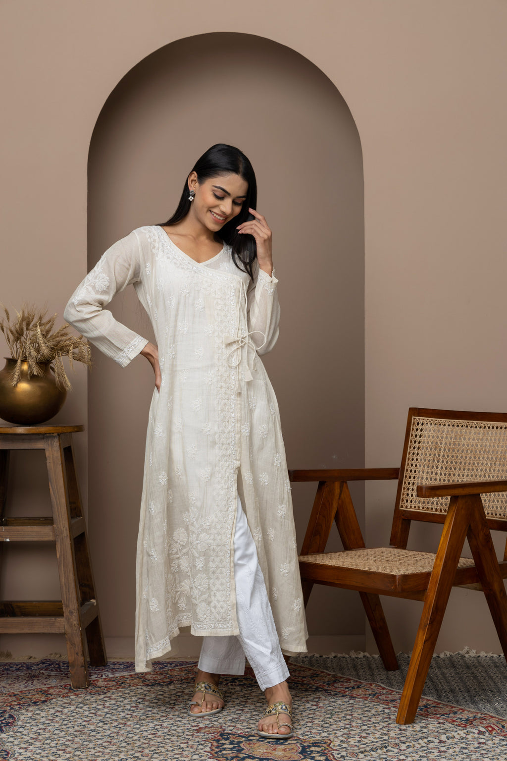 Tussar Silk Embroidered Anarkali Suit Set with Intricate Chikankari & Lace Details