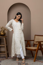 Tussar Silk Embroidered Anarkali Suit Set with Intricate Chikankari & Lace Details