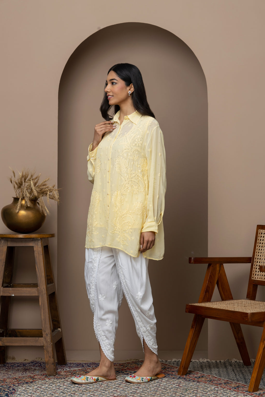 Yellow Georgette Shirt with Mukaish Work – Elegant & Lightweight