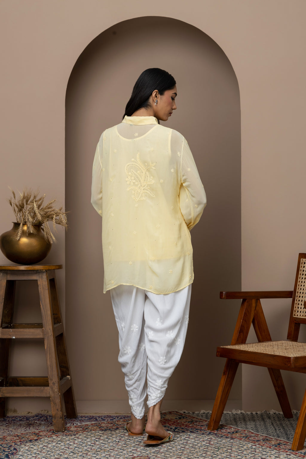 Yellow Georgette Shirt with Mukaish Work – Elegant & Lightweight