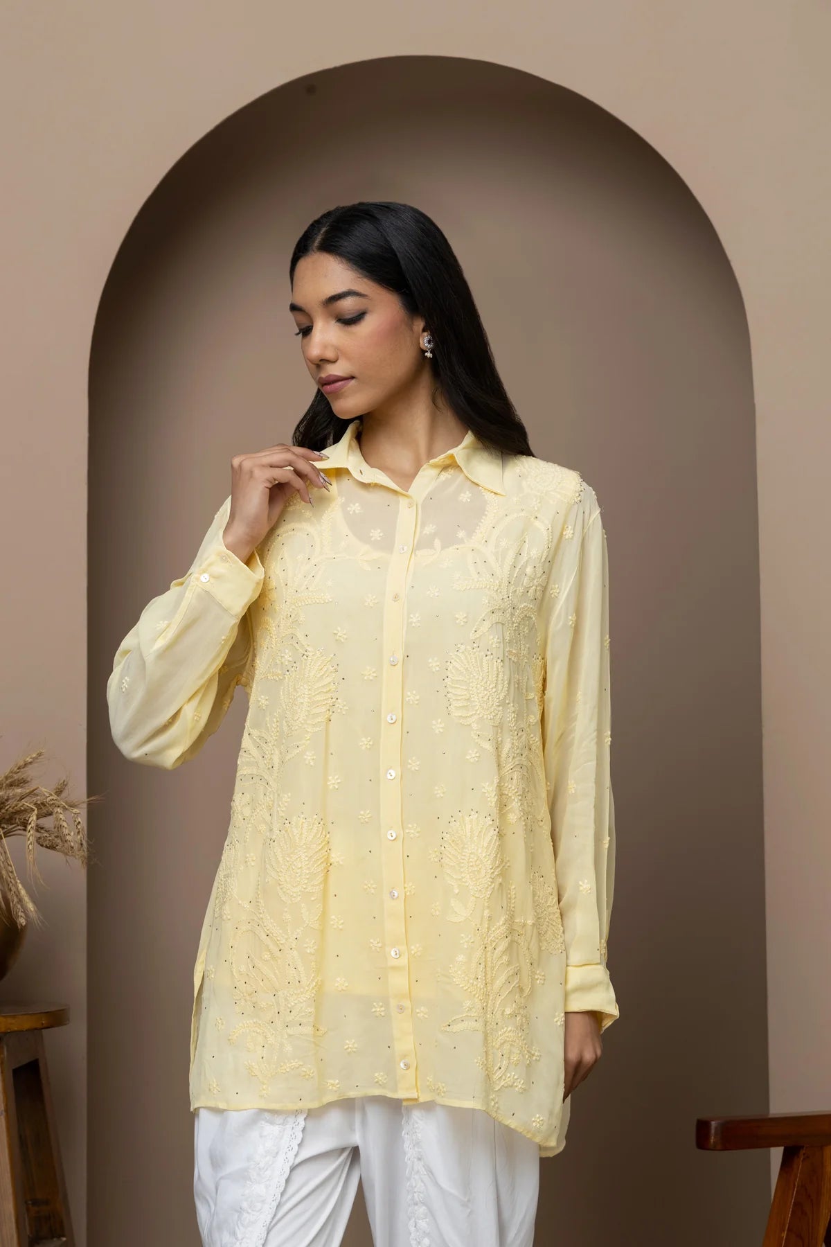 Pink  Georgette Shirt with Mukaish Work – Elegant & Lightweight