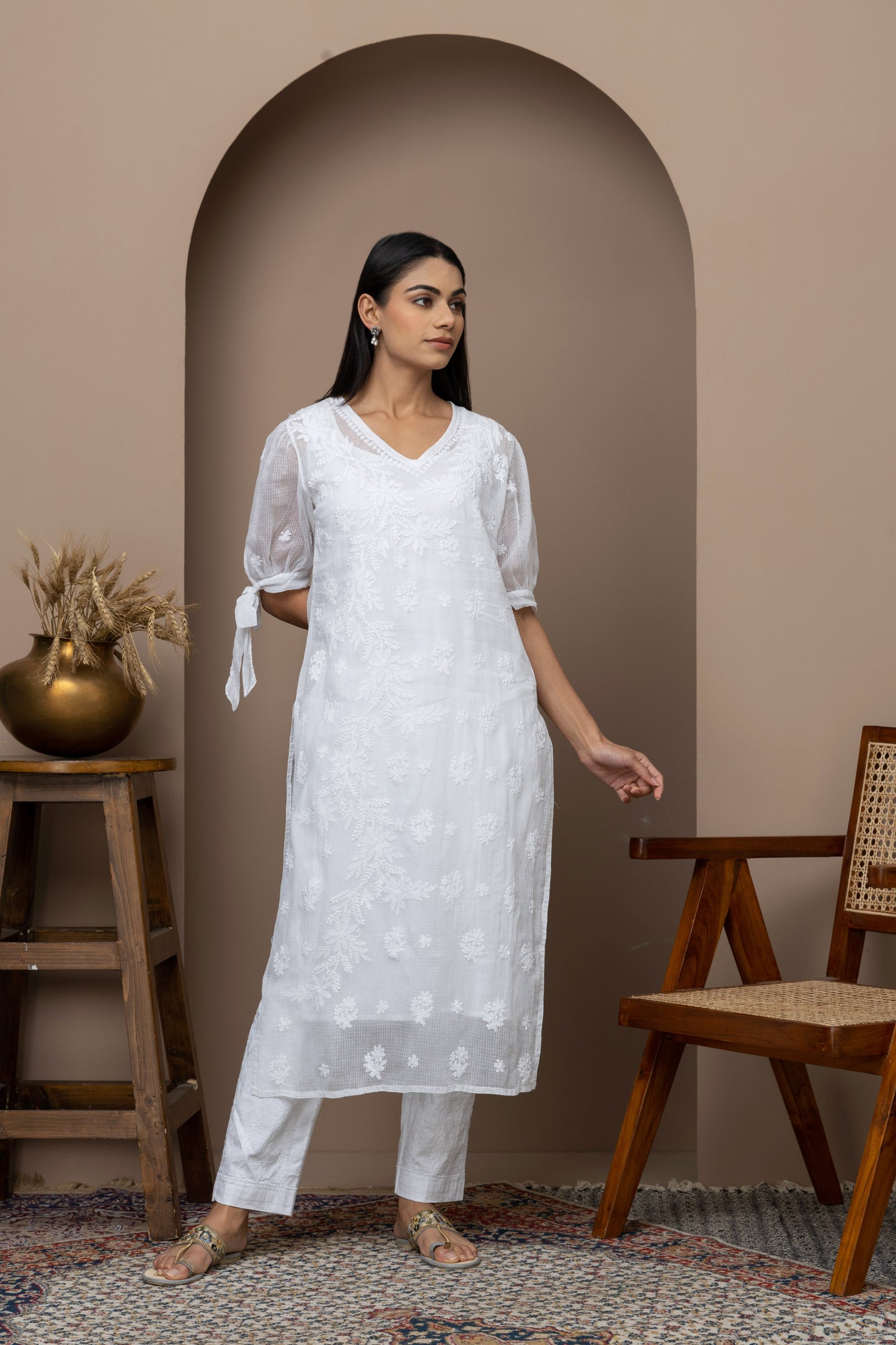 White Chikankari Kurti with Tie-Up Sleeves