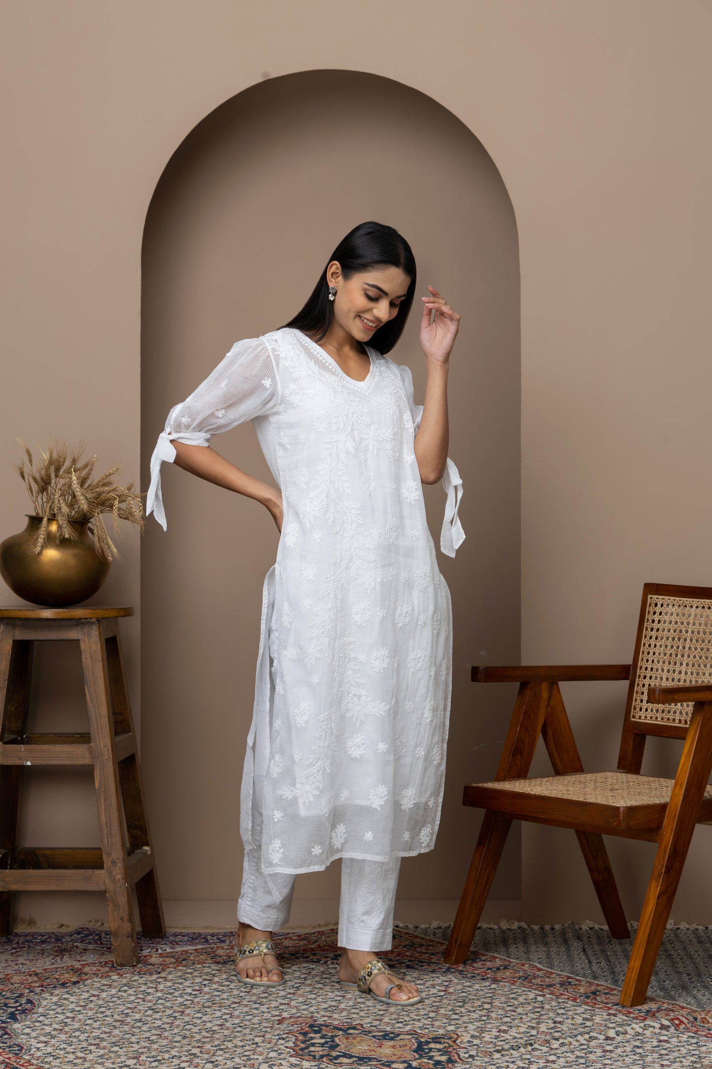 White Chikankari Kurti with Tie-Up Sleeves