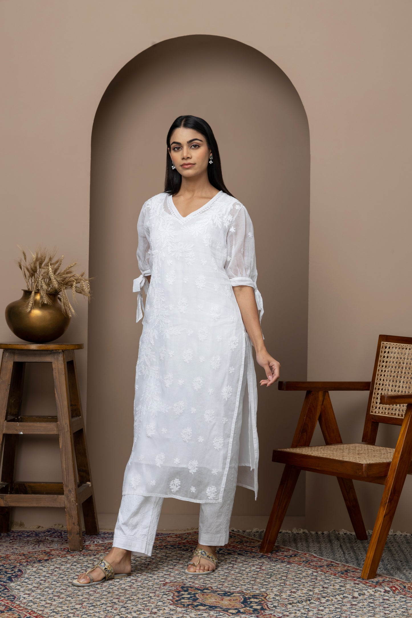 White Chikankari Kurti with Tie-Up Sleeves