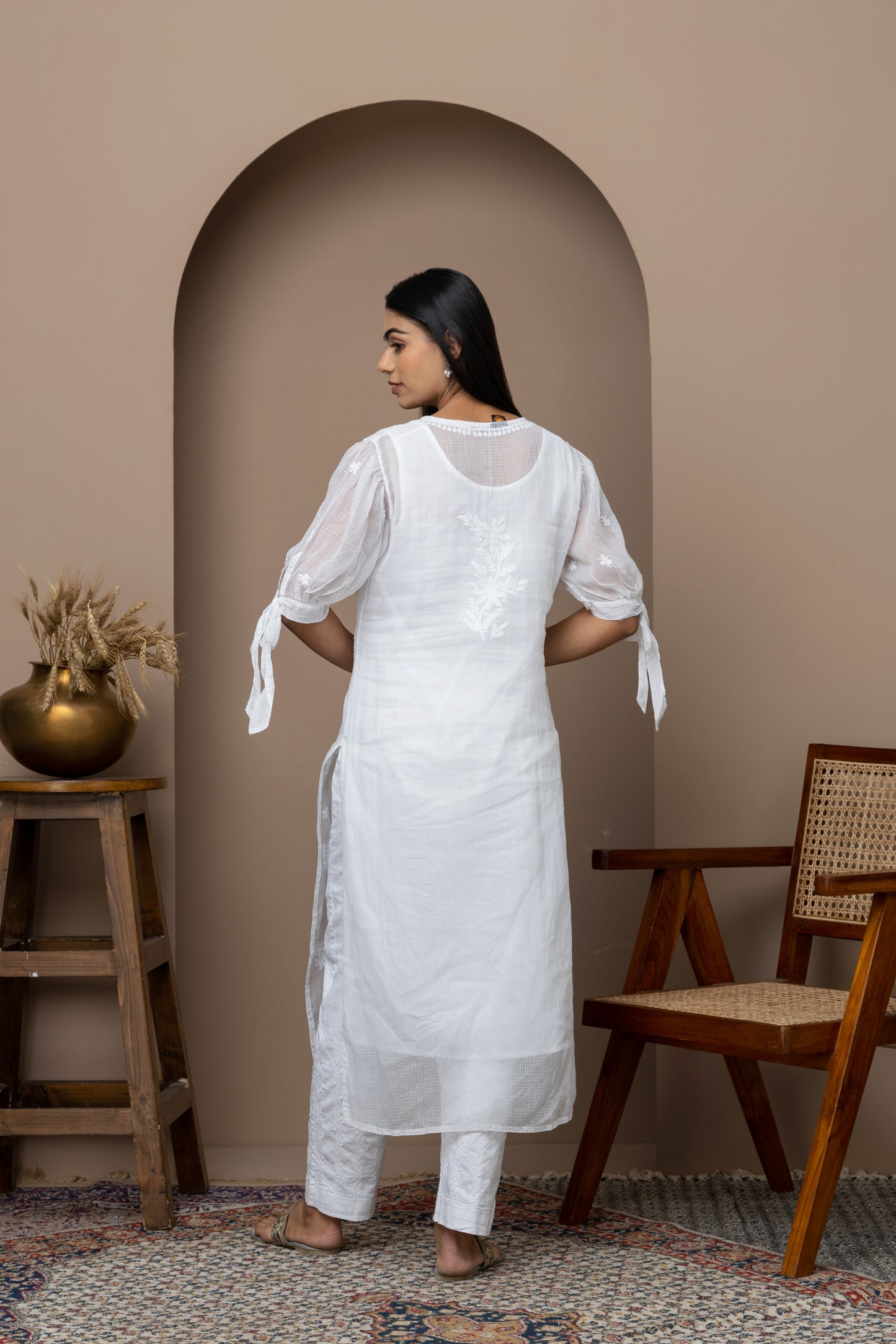 White Chikankari Kurti with Tie-Up Sleeves