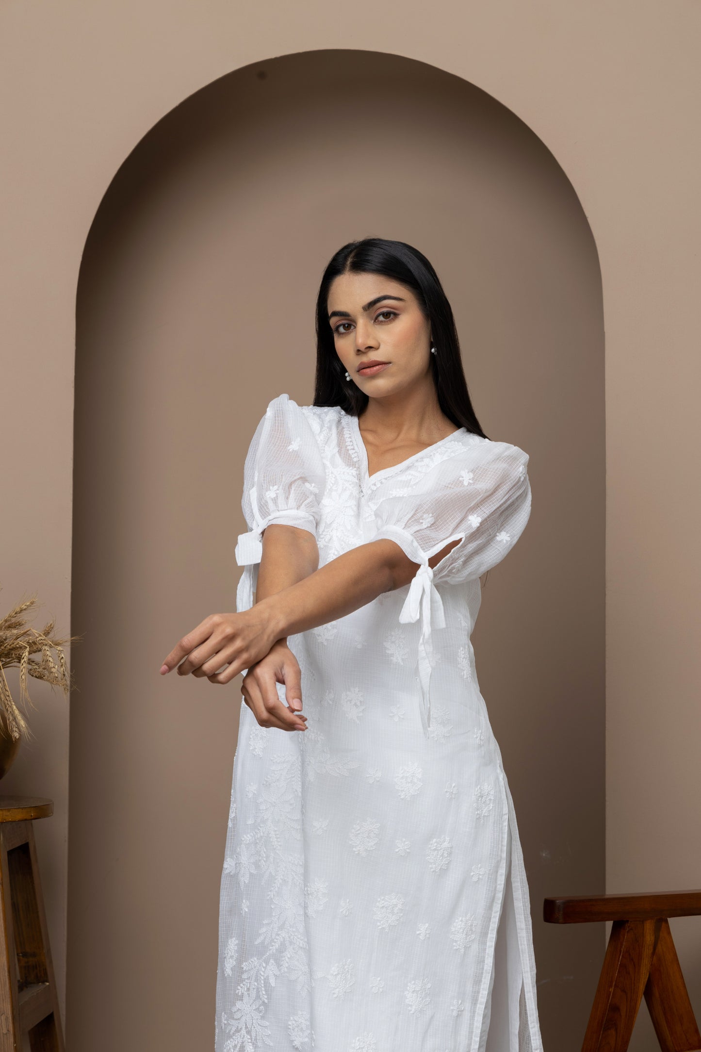 White Chikankari Kurti with Tie-Up Sleeves