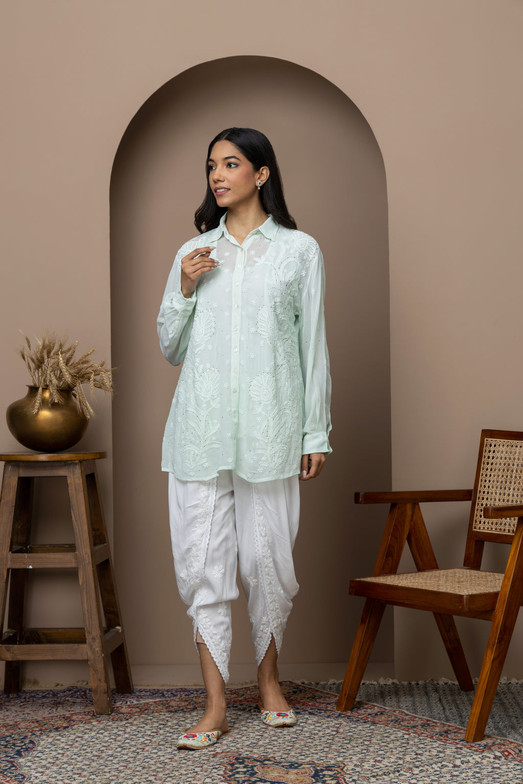 Pista Green Georgette Shirt with Mukaish Work – Elegant & Lightweight