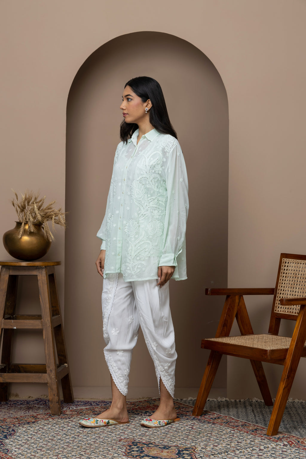 Pista Green Georgette Shirt with Mukaish Work – Elegant & Lightweight