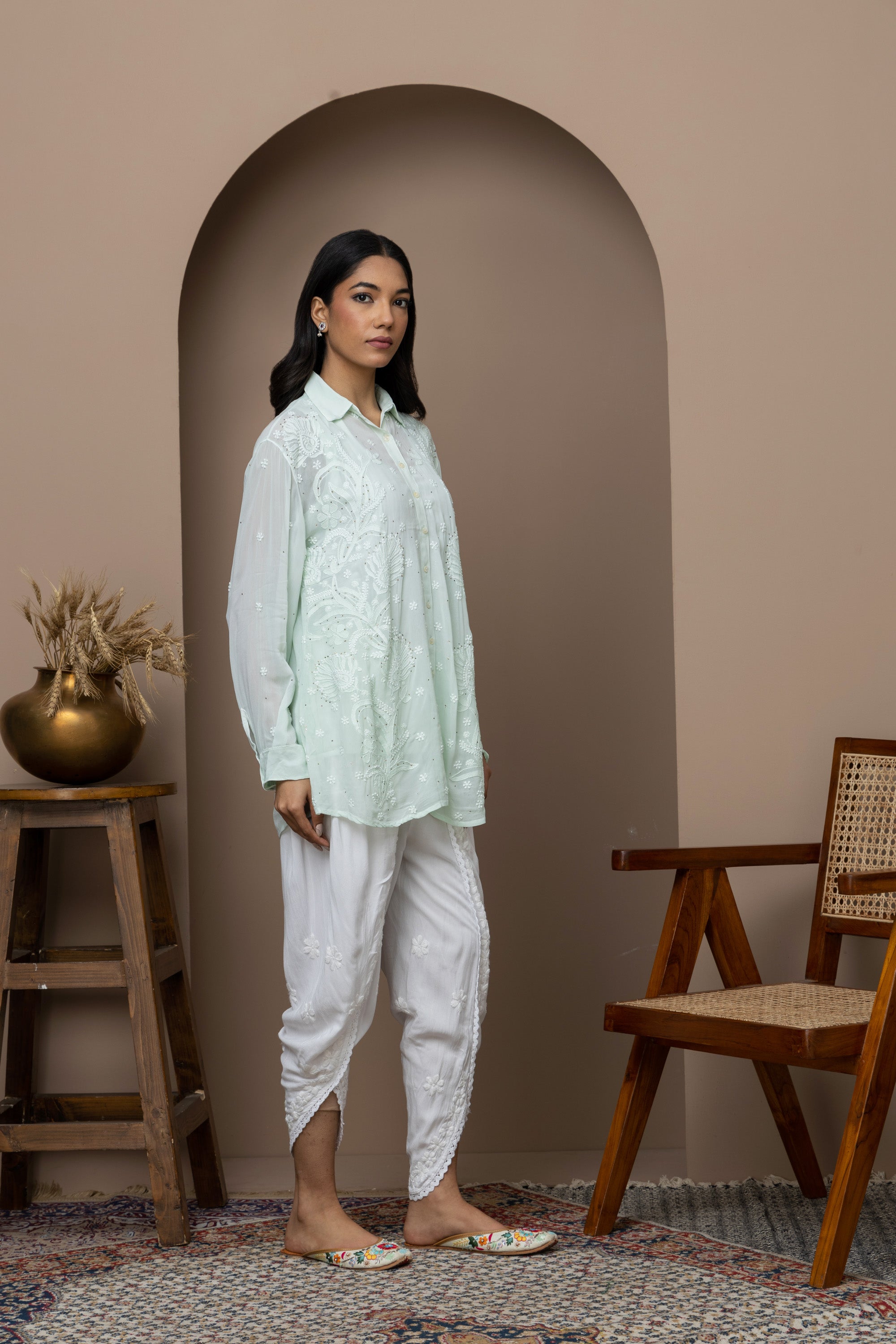 Pista Green Georgette Shirt with Mukaish Work – Elegant & Lightweight