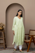Green Mul Cotton Kurti with Jaali Work – Lightweight & Elegant