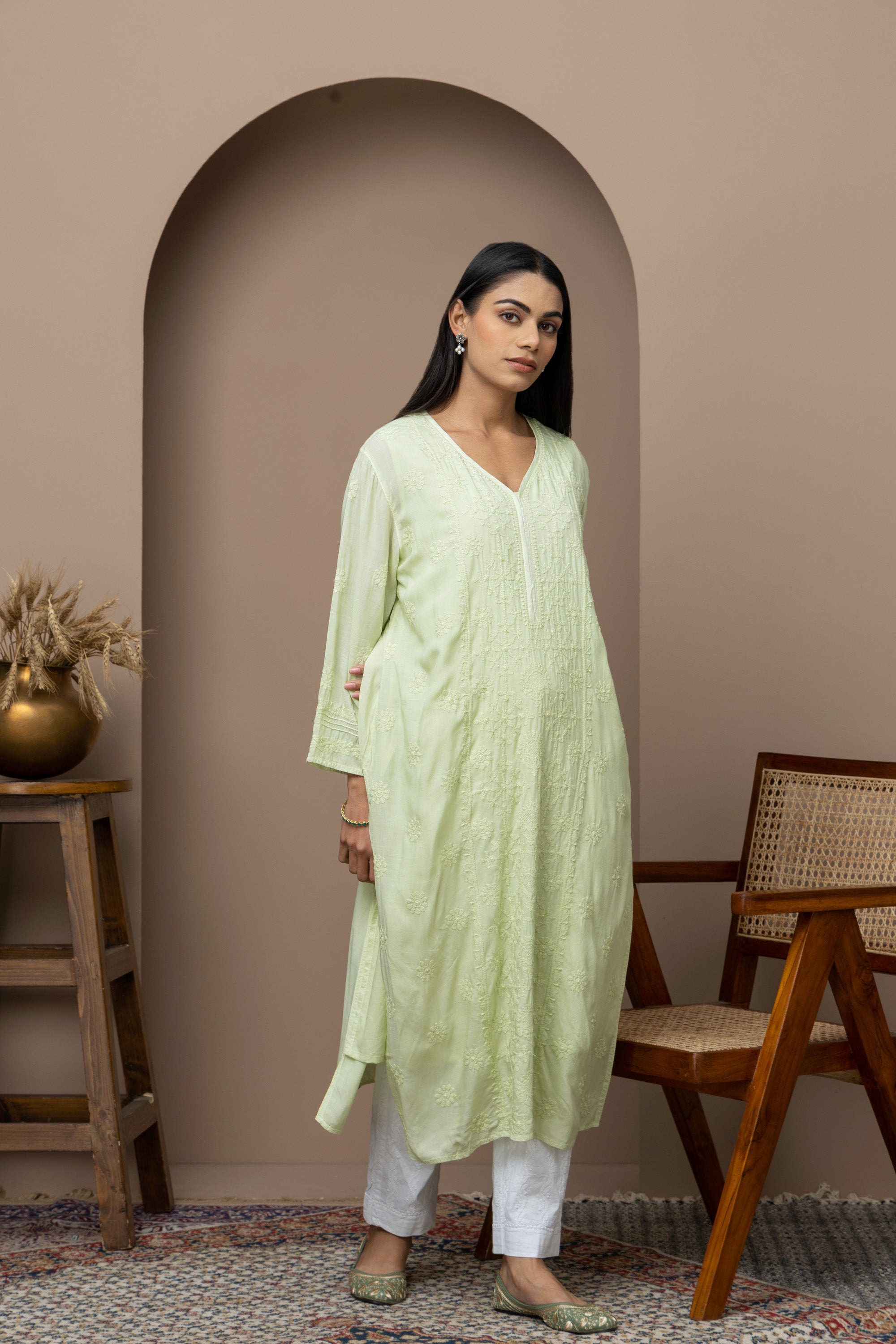Green Mul Cotton Kurti with Jaali Work – Lightweight & Elegant