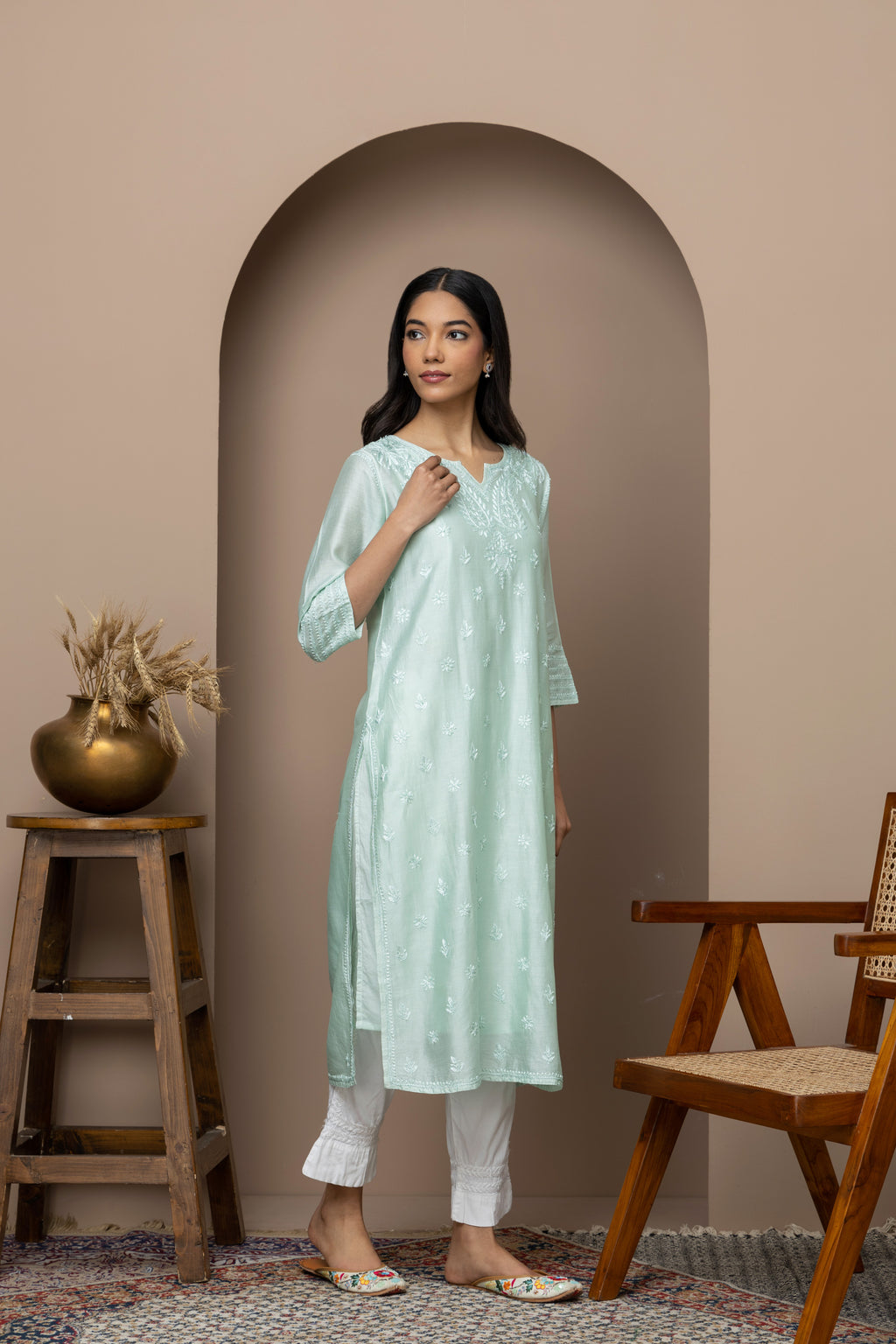 Sea Green Chanderi Silk Chikankari Kurti – Timeless Elegance