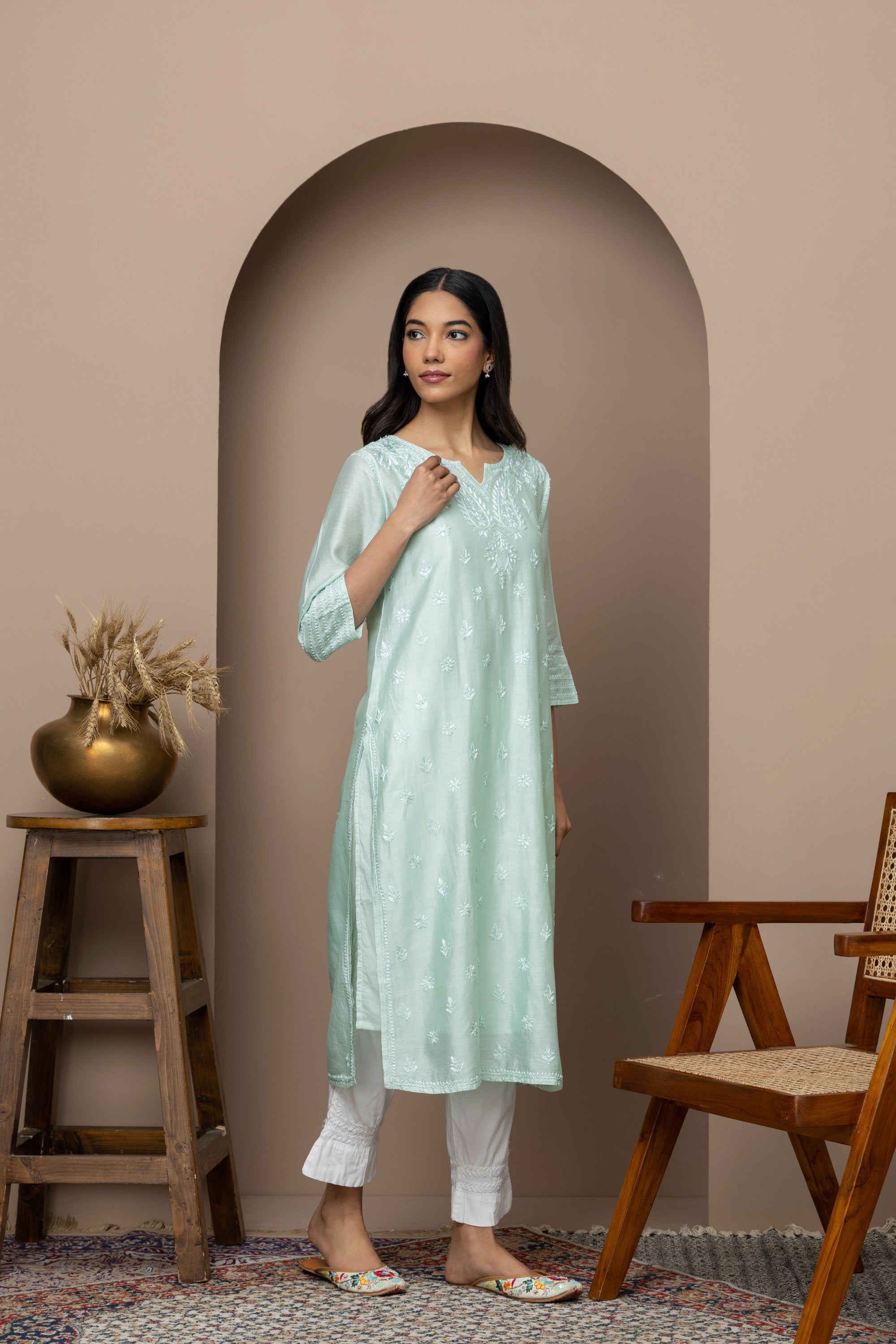 Sea Green Chanderi Silk Chikankari Kurti – Timeless Elegance