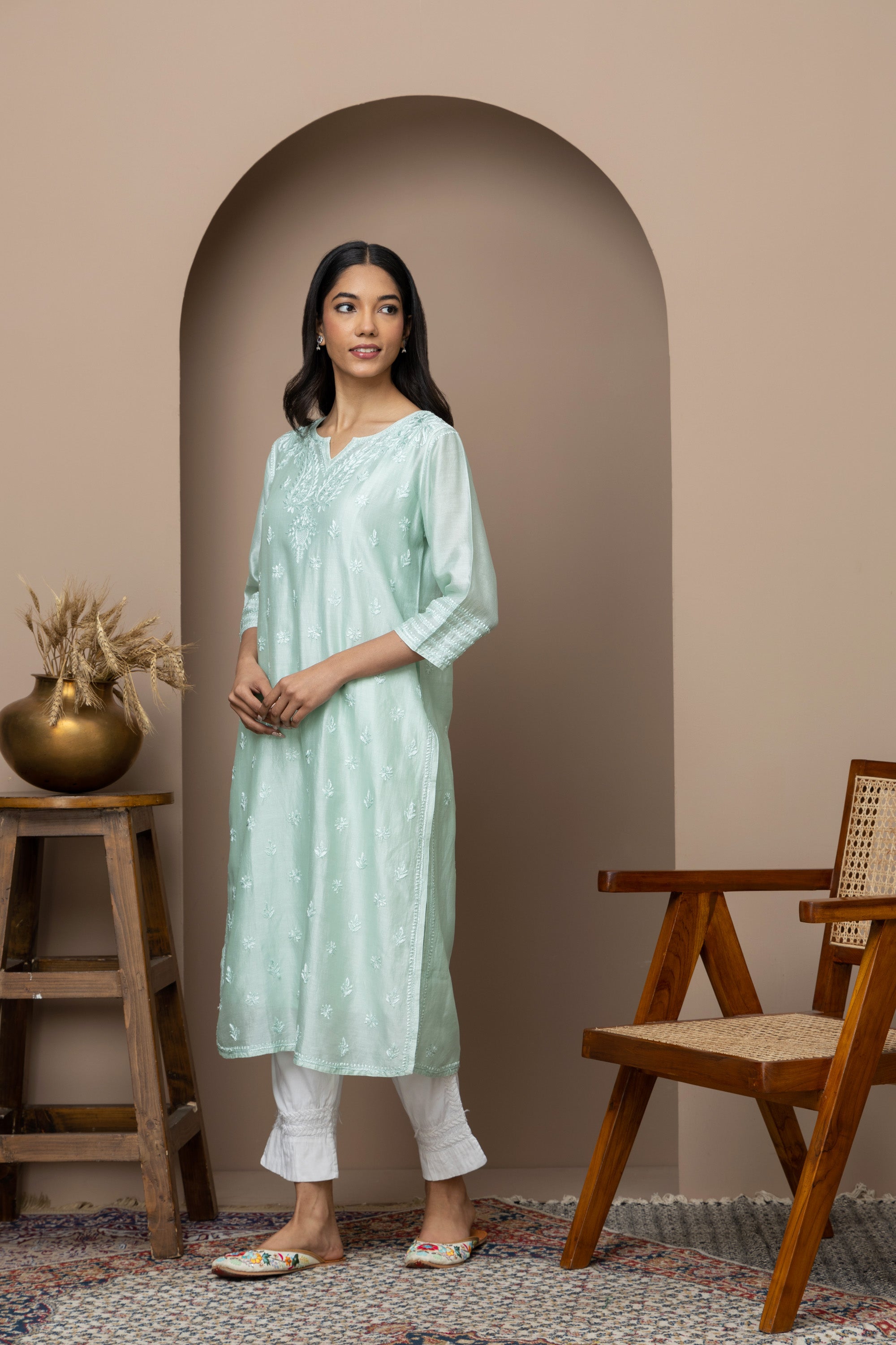 Sea Green Chanderi Silk Chikankari Kurti – Timeless Elegance