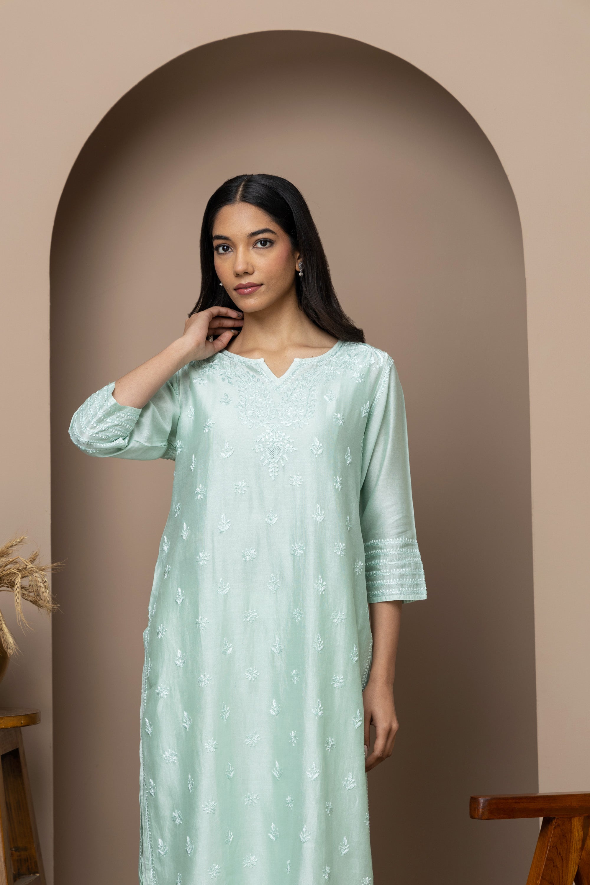 Sea Green Chanderi Silk Chikankari Kurti – Timeless Elegance